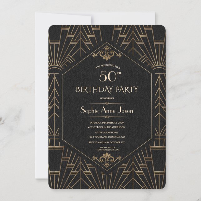 Invitation Royal Gold Black Great Gatsby 1920 fête d'annivers (Devant)