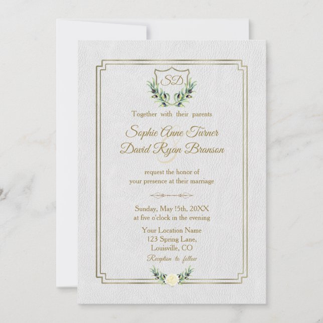 Invitation Royal Gold Crest Verdure luxuriante Monogramme Mar (Devant)