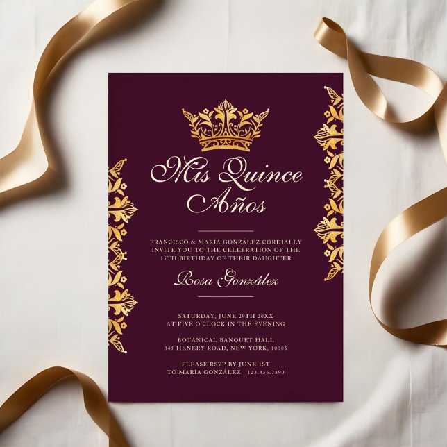 Invitation Royal Gold Leaf Couronne Élégante Bourgogne Quince (Royal Gold Leaf Crown Elegant Burgundy Quinceañera Invitation)
