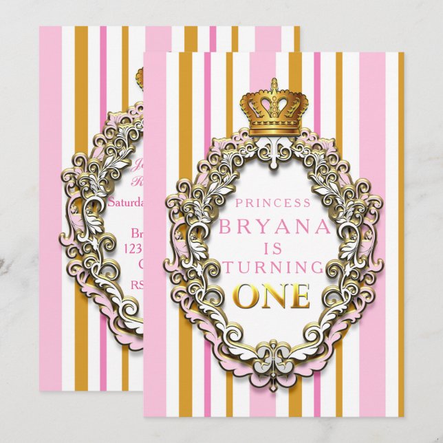 Invitation Royal Gold & Pink Crown 1er anniversaire Invitatio (Devant / Derrière)