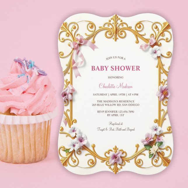 Invitation Royal Gold Rococo Rose Floral Girl Baby shower (Royal Gold Rococo Pink Floral Girl Baby Shower Invitation)