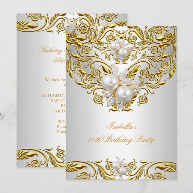 Invitation Royal Gold sur perle blanche Fête d'anniversaire é (Devant / Derrière)