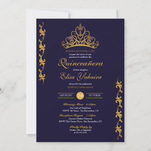 Invitation Royal Gold Tiara Couronne Elégante Marine Quinceañ