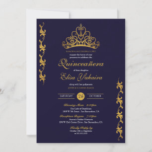 Invitation Royal Gold Tiara Couronne Elégante Marine Quinceañ