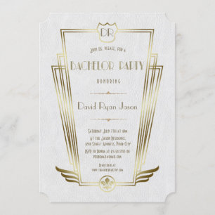 Invitation Royal Gold White Art Deco Monogram Bachelor Party