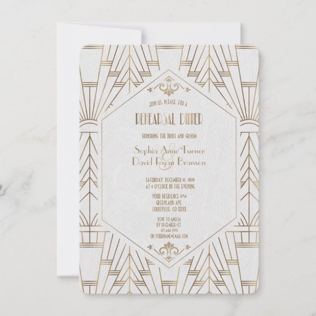 Invitation Royal Gold White Great Gatsby Rehearsby Dîner (Devant)