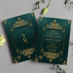 Invitation Royal Green I Gold Floral Élégant Mariage musulman