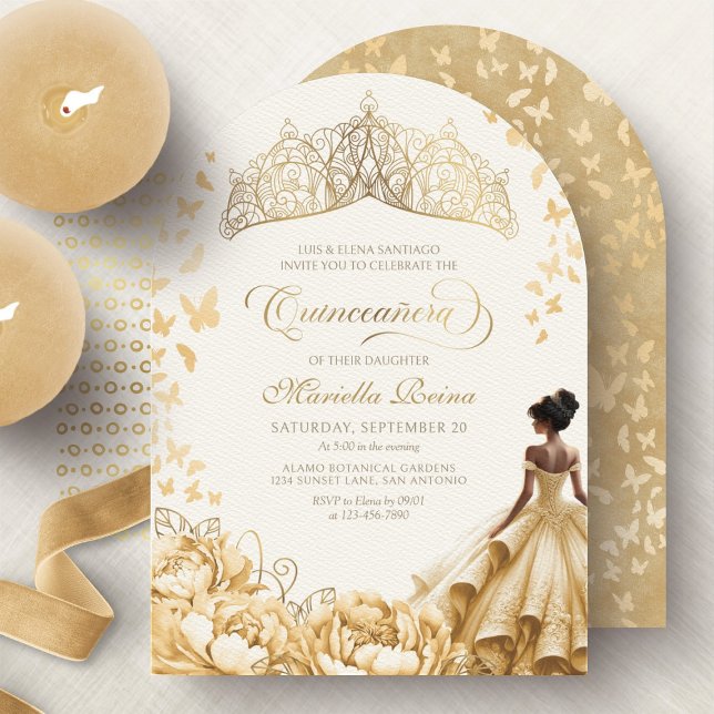Invitation Royal Jaune Couronne or Florale Quinceanera (Créateur téléchargé)