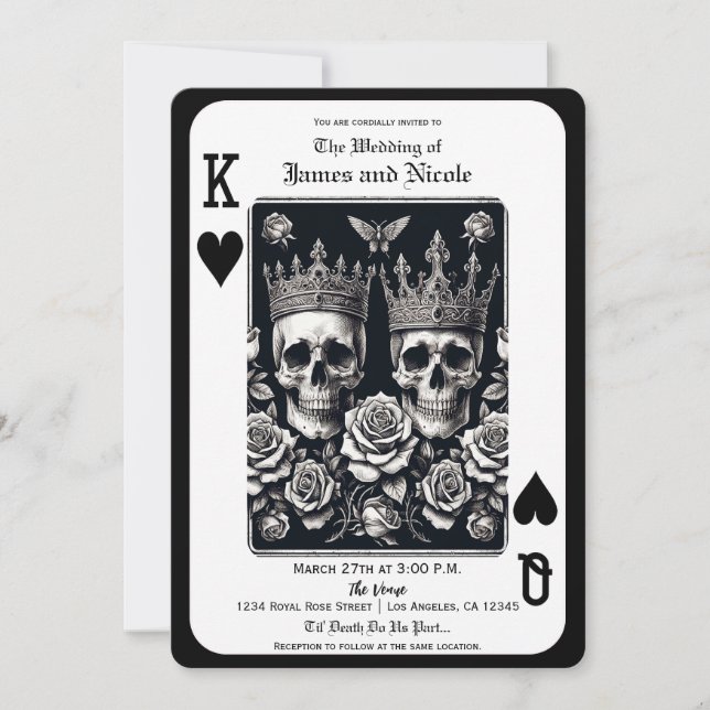 Invitation Royal King & Queen of Hearts Skuls & Roses (Devant)