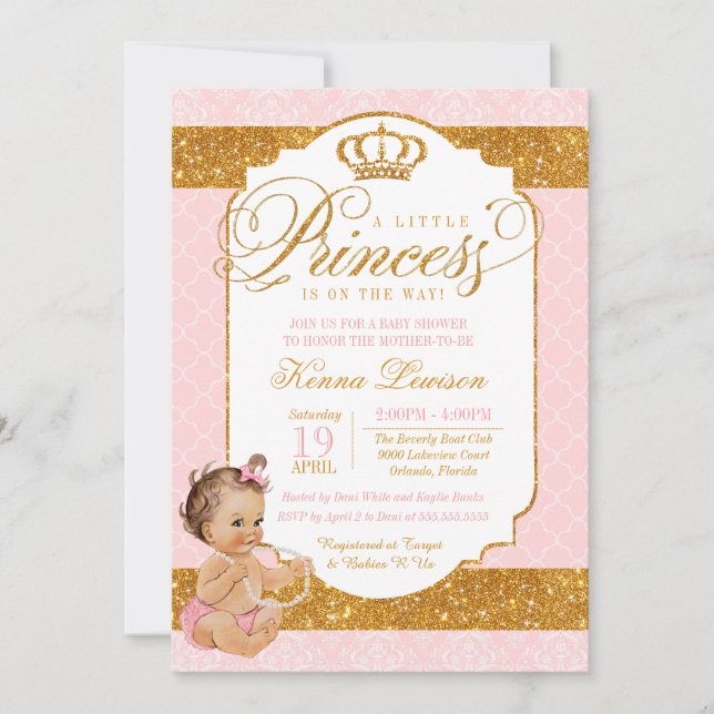 Invitation Royal Little Princess Baby shower rose et or (Devant)