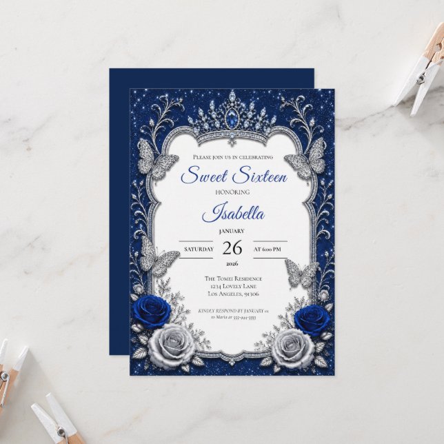 Invitation Royal Luxe Bleu Argent Sweet 16 (Devant/Arrière en situation)