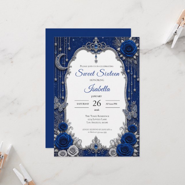 Invitation Royal Luxe Bleu Argent Sweet 16 (Devant/Arrière en situation)