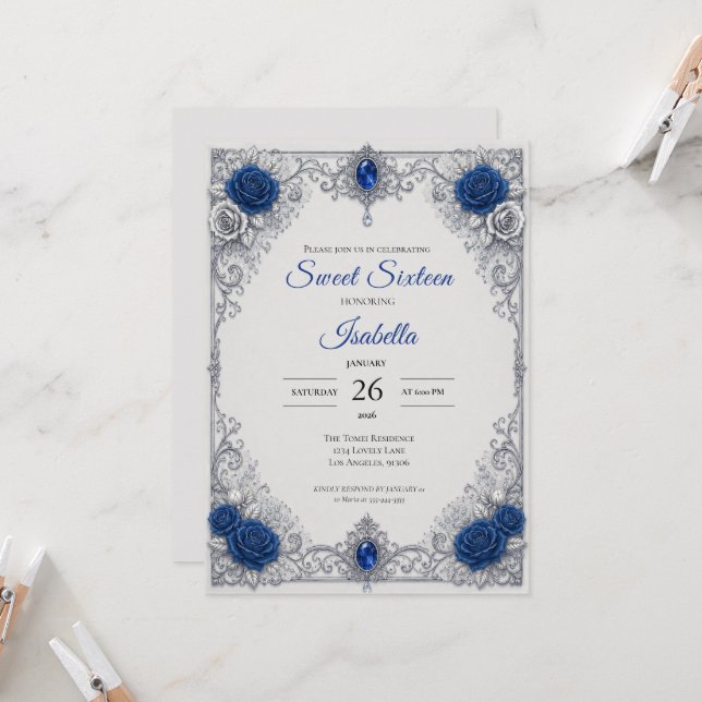 Invitation Royal Luxe Bleu Argent Sweet 16 (Devant/Arrière en situation)