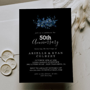 Invitation Royal Navy Bleu Floral 50e Anniversaire de Mariage