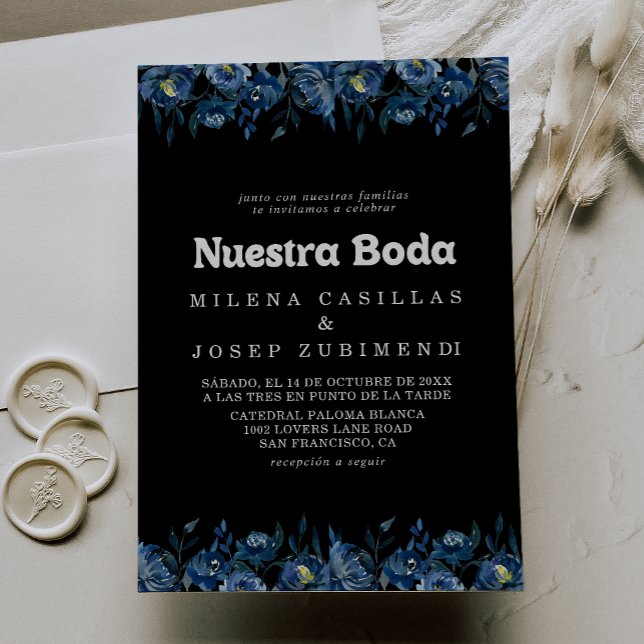 Invitation Royal Navy Bleu Floral Nuestra Boda Mariage (Créateur téléchargé)