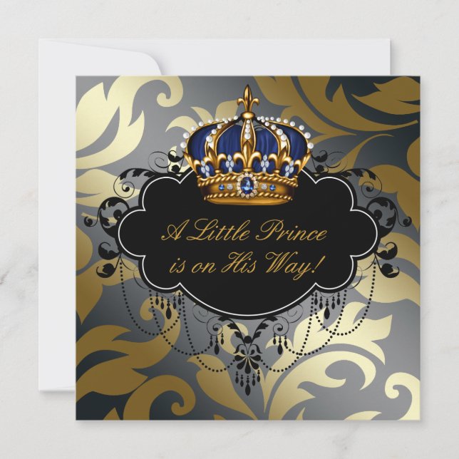 Invitation Royal Navy Blue Black Gold Prince Baby Boy Douche (Devant)