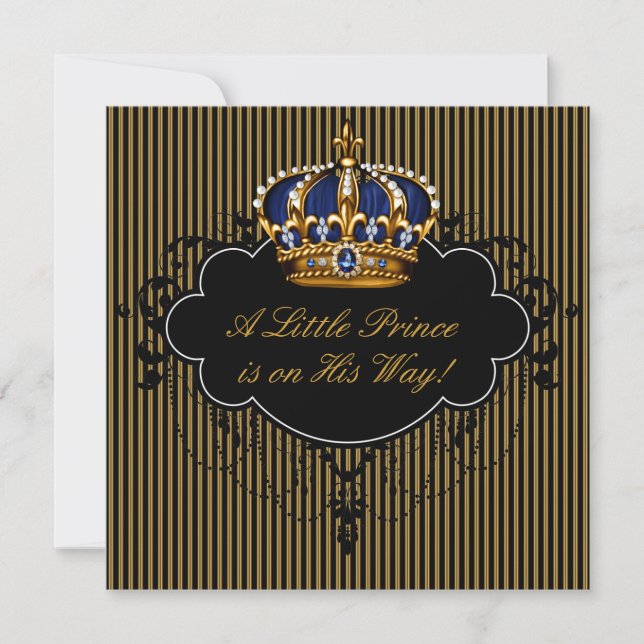 Invitation Royal Navy Blue Black Gold Prince Baby Boy Douche (Devant)
