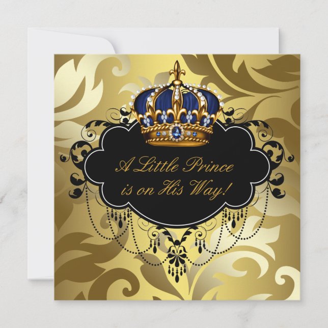Invitation Royal Navy Blue Black Gold Prince Baby Boy Douche (Devant)