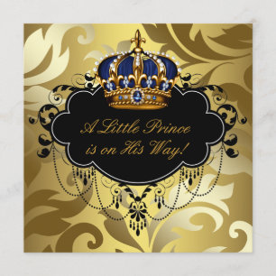 Invitation Royal Navy Blue Black Gold Prince Baby Boy Douche
