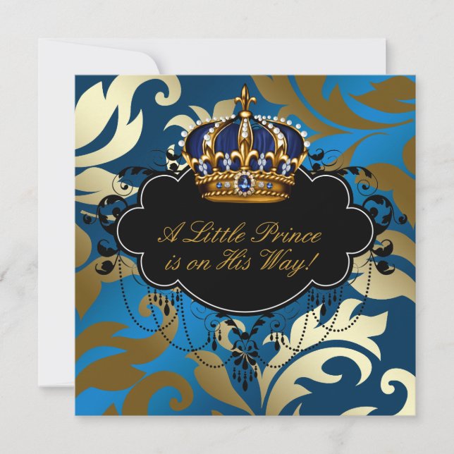 Invitation Royal Navy Blue Black Prince Baby Boy Douche (Devant)