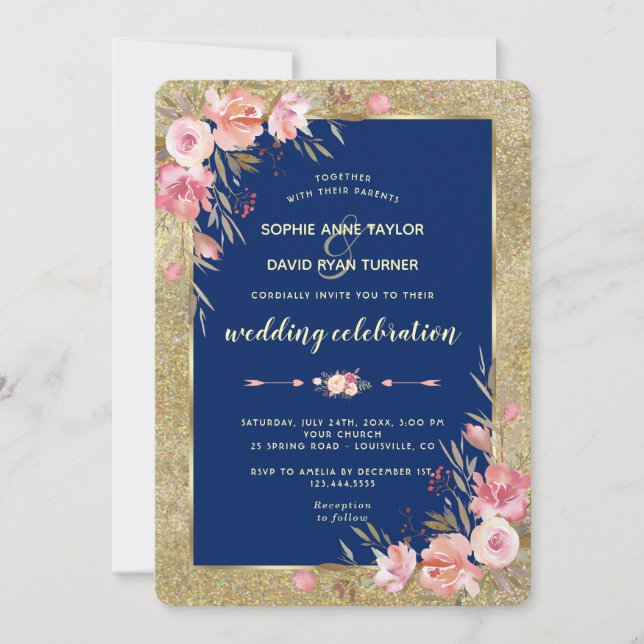 Invitation Royal Navy Blue Blush Peonies Gold Mariage (Devant)