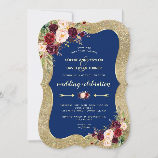 Invitation Royal Navy Blue Burgundy Floral Mariage or (Devant)