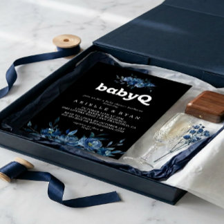 Invitation Royal Navy Blue Floral BabyQ Baby Shower Barbecue