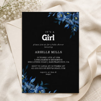 Invitation Royal Navy Blue Floral It's A Girl Baby Shower 