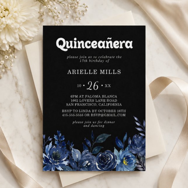 Invitation Royal Navy Blue Floral Quinceañera (Créateur téléchargé)