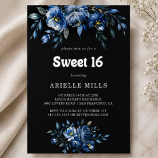 Invitation Royal Navy Blue Floral Sweet 16 Birthday Party