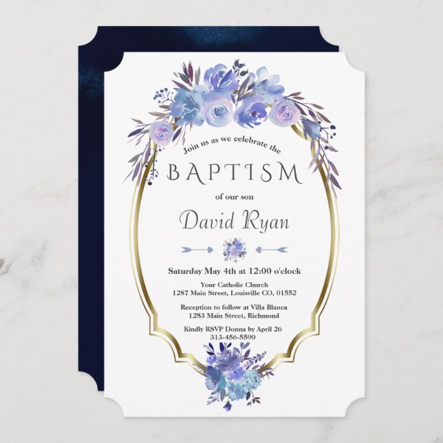 Invitation Royal Navy Blue Gold Blue Floral Boy Baptême (Devant / Derrière)