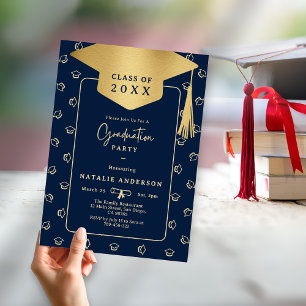 Invitation Royal Navy Blue Gold Casquette Graduate Party
