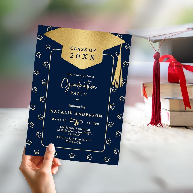 Invitation Royal Navy Blue Gold Casquette Graduate Party (Royal Navy Blue Gold Graduate Hat Graduation Party Invitation)