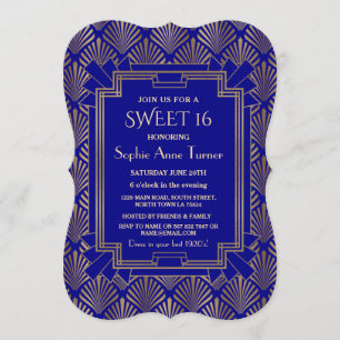 Invitation Royal Navy Blue Gold Great Gatsby Art déc SWEET 16