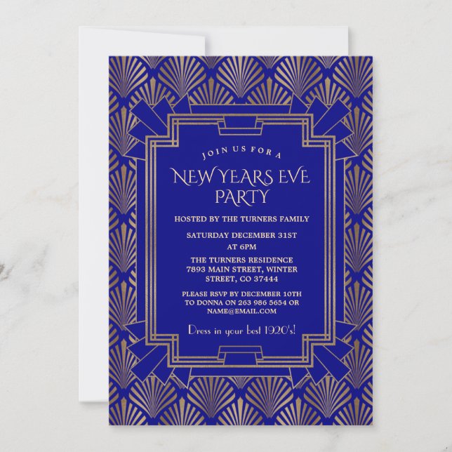 Invitation Royal Navy Blue Gold Great Gatsby Nouvel An (Devant)