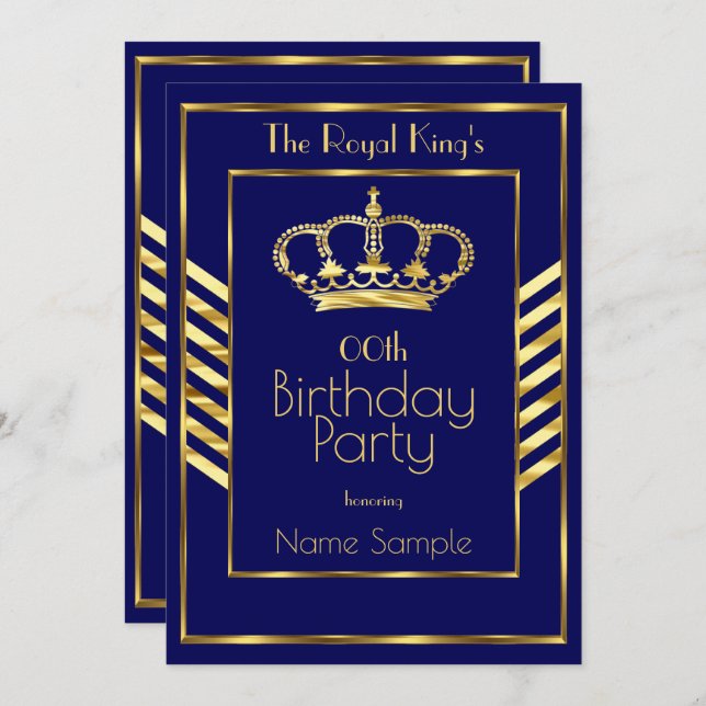 Invitation Royal Navy Blue King Man fête d'anniversaire Gold  (Devant / Derrière)