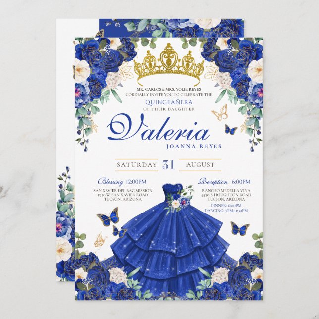 Invitation Royal Navy Blue Rose Butterfly Princess Anniversai (Devant / Derrière)