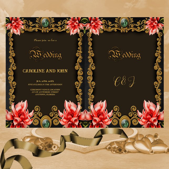 Invitation Royal or et rouge design floral (elegant golden floral design)