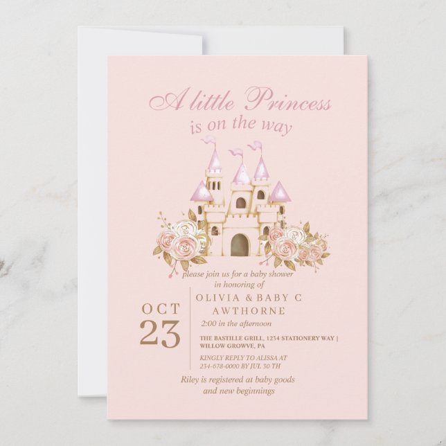 Invitation Royal Pink Gold Castle Princess Baby shower (Devant)