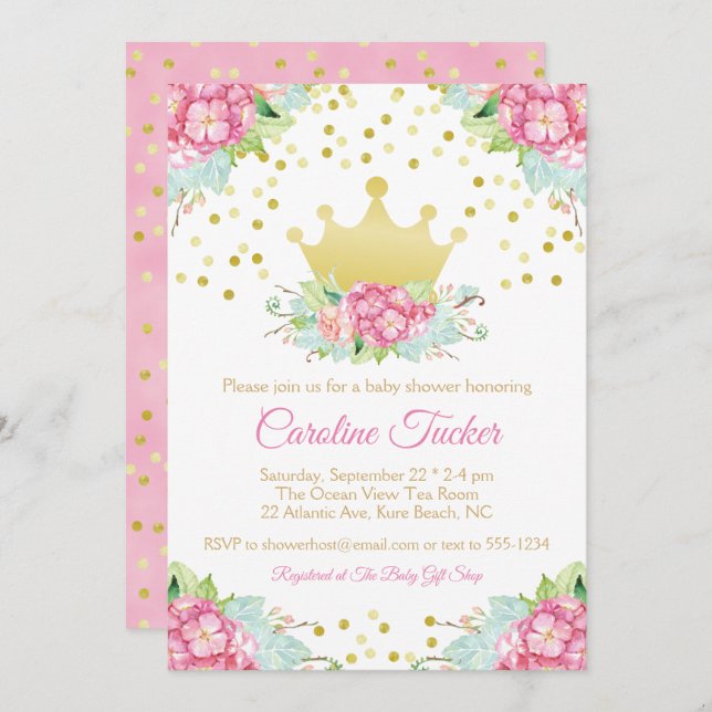 Invitation Royal Pink Gold Princess Joli Baby shower floral (Devant / Derrière)
