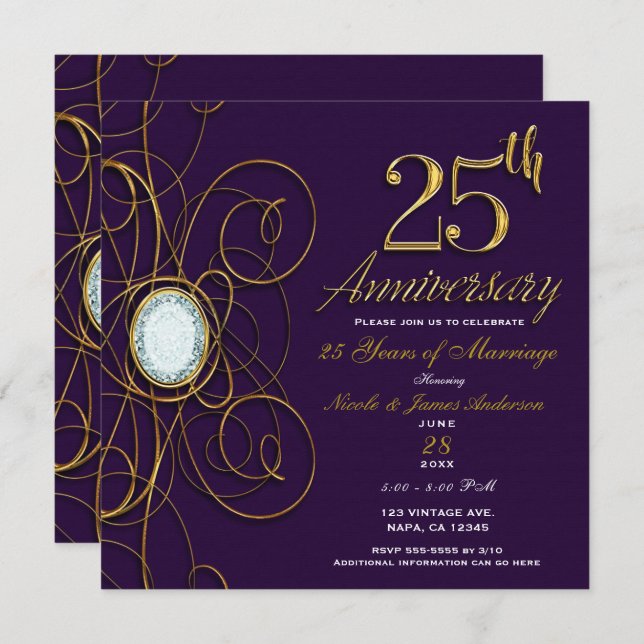 Invitation Royal Plum Purple Gold Diamond 25 25e anniversaire (Devant / Derrière)