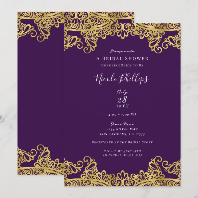 Invitation Royal Pourpre et Dentelle Dorée Élégante Fête de M (Devant / Derrière)