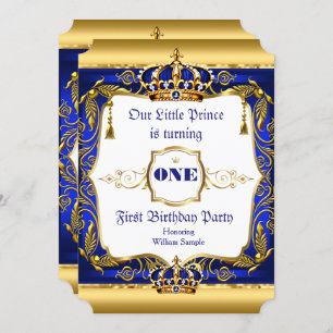 Invitation Royal Prince 1er anniversaire Blue Ornate Gold Cro