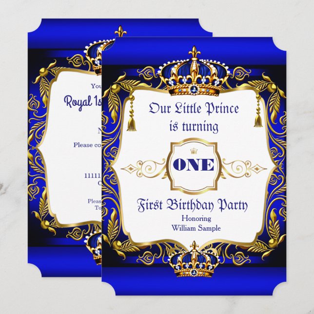 Invitation Royal Prince 1ère fête d'anniversaire Blue Gold Cr (Devant / Derrière)
