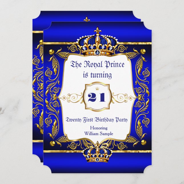Invitation Royal Prince 21e anniversaire Blue Ornate Gold Cro (Devant / Derrière)