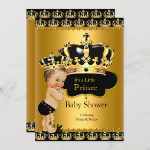 Invitation Royal Prince Baby shower Black Gold Brunette