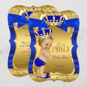 Invitation Royal Prince Baby shower Bleu Gold Bow Blonde