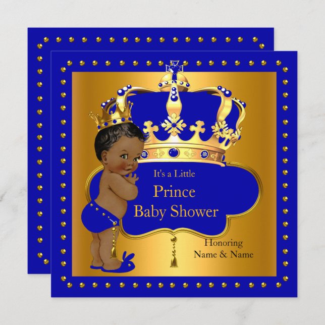 Invitation Royal Prince Baby shower Blue Boy Crown Ethnic (Devant / Derrière)