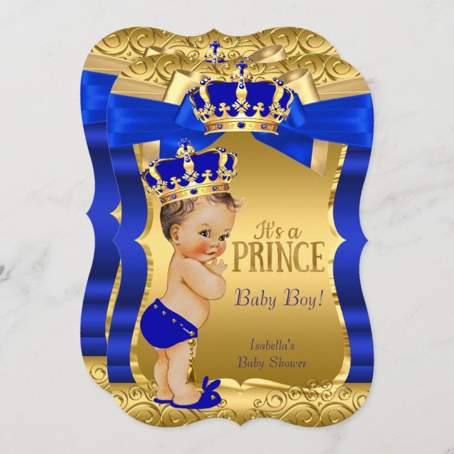 Invitation Royal Prince Baby shower Blue Gold Bow Brunette (Devant / Derrière)