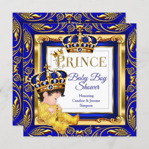 Invitation Royal Prince Baby shower Blue Gold Brunette